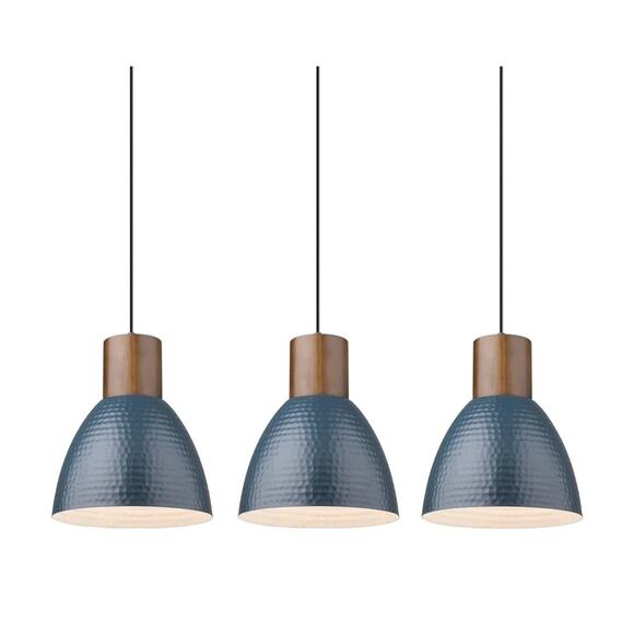 3-Pack Blue Hammered Pendant Lights – Wood & Metal Modern Hanging Fixtures - Picture 1 of 7